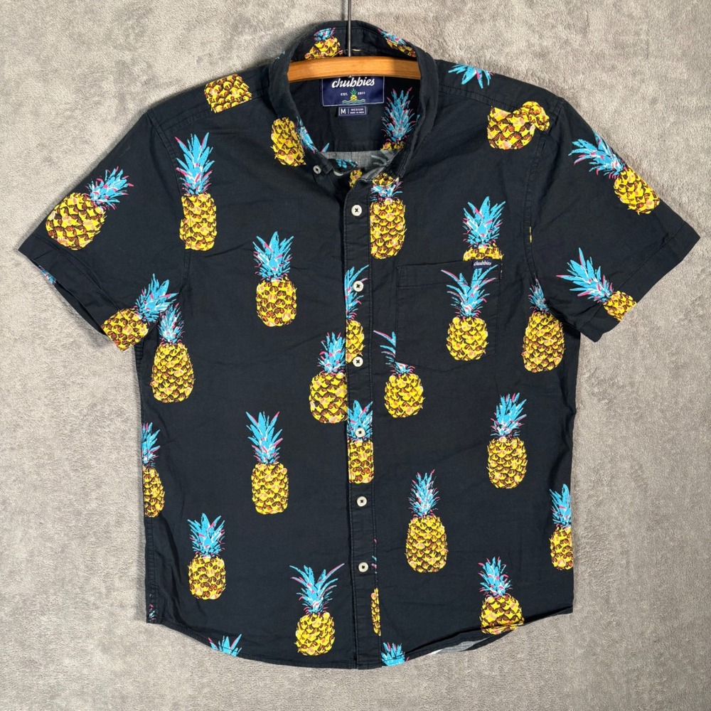 Chubbies Mens Medium Pineapple Print Short Sleeve‎ Button Down Shirt Black SP22